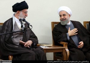 A happy Iranian supreme leader Khamenei president Rouhani meet their cabinet after Vienna accord is announced (Iranian TV)