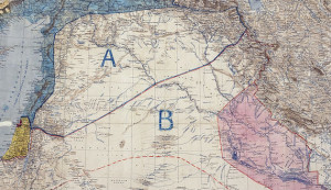 A map of the Sykes–Picot agreement, which was signed by Mark Sykes and François Georges-Picot on May 8, 1916. (photo credit: Wikimedia Commons)