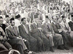 Members of the Arab Higher Committee right to left: Ahmad Shukeiri, Hussein al-Khaldi, Jamal Husseini, Ahmed Halmi (holding a walking stick), Yusuf Heykal (mayor of Jaffa)