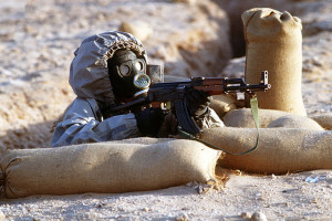 Syrian soldier aims Russian-made AK-47 (photo by: Tech. Sgt. H. H. Deffner)