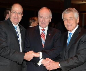 Israeli Minister of Defense Moshe Yaalon with Canadian Minister of Defense Rob Nicholson, and US Secretary of Defense Chuck Hagel (photo credit: Halifax International Security Forum)