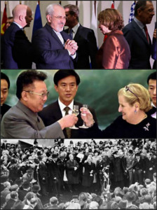 Upper: Javad Zarif & Catherine Ashton | Center: Kim Kong Il & Madeline Albright | Lower: Neville Chamberlain holding signed Munich Accord