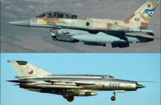 (above) Israeli F-16 fighter jet, (below) Russian MiG-21R fighter jet)