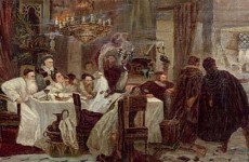 A Moshe Maimon painting of Marranos holding a secret Seder during the times of inquisition (1892)