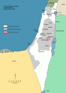 The partition map as suggested by the UN in 1947, and turned down by the Arab nations. 
