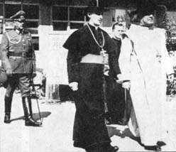 Archbishop Stepinac and the papal nuncio Marcone leave a celebration; behind them is a German General