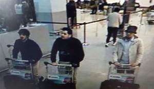 Still from CCTV footage showing Najim Laachraoui (left), Ibrahim el-Bakraoui (centre), and one other unidentified suspect (right) at Brussels Airport, just before the bombings.