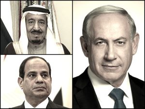 clockwise from bottom: Egyptian President el-Sisi (CC Kremlin.ru via wikicommons), Saudi King Salman, Israeli Prime Minister Netanyahu