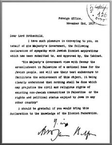 The original letter by Lord Arthur James Balfour: The Balfour Declaration, November 2, 1917 