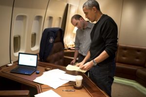 Ben Rhodes discusses speech with Obama on Airforce One (photo: Pete Souza)